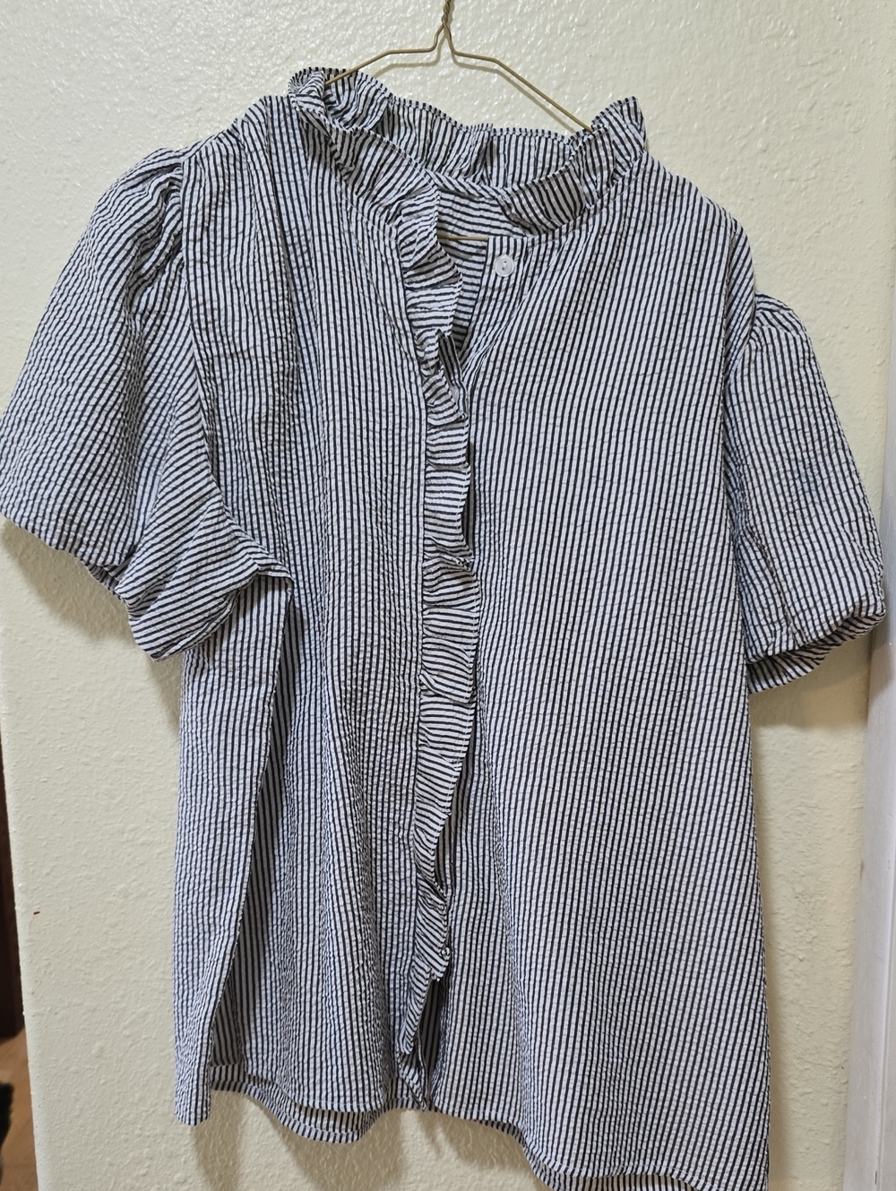SHEIN Black and White Striped Ruffle Button Front Top